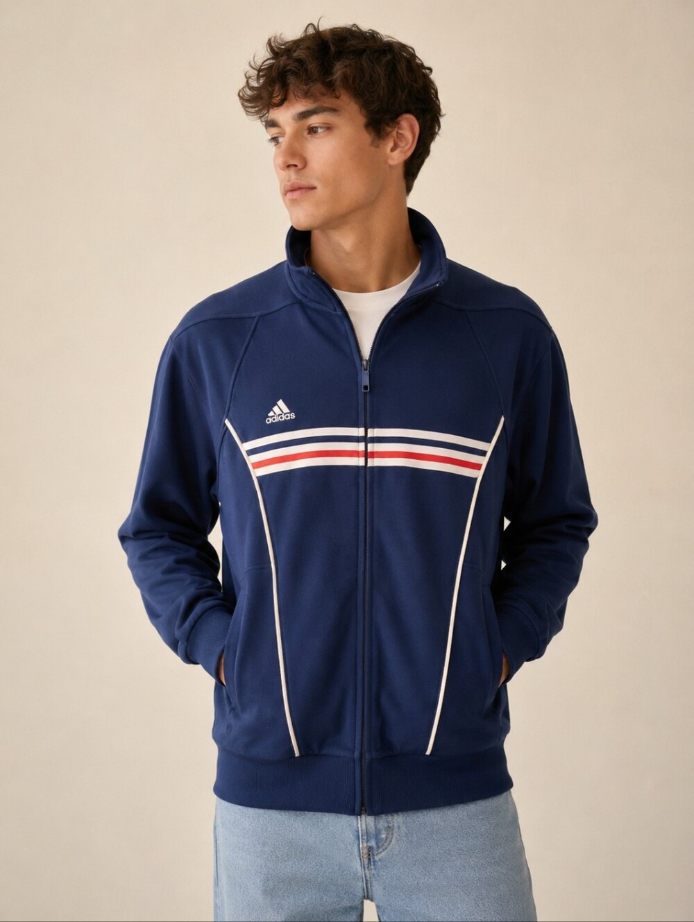 RARE adidas France 2010 Full-Zip Blue Track Jacket with Red & White Stripes